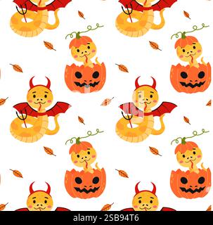 Niedliche Schlangen in Halloween-Kostümen mit Teufelshörnern, Flügeln und Kürbissen. Stock Vektor