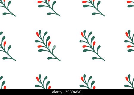 Dekoratives botanisches Muster mit roten Beeren und grünen Blättern auf weißem Hintergrund Stock Vektor