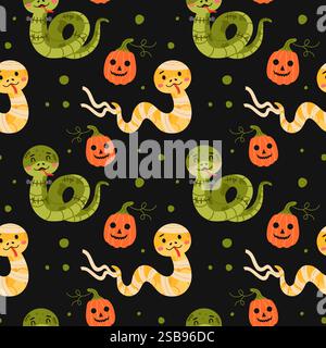 Niedliches Halloween-Schlangen- und Kürbismuster Stock Vektor
