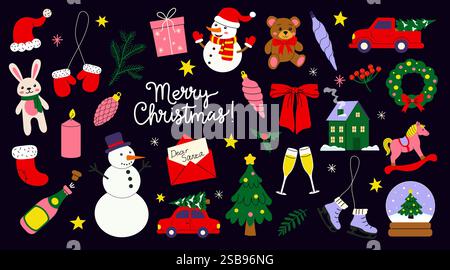 Festliche Weihnachtsdekorationen und -Symbole auf dunklem Hintergrund, die die Weihnachtszeit feiern Stock Vektor