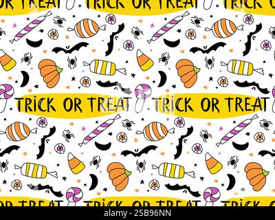 halloween Kürbis Trick oder Behandlung nahtlose Doodle Muster, Vektor Illustration Stock Vektor