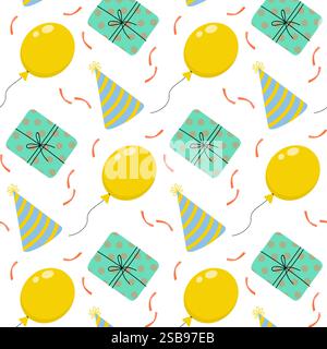 Farbenfrohe Partydekorationen mit Ballons, Geschenken und festlichen Hüten für ein festliches Thema Stock Vektor