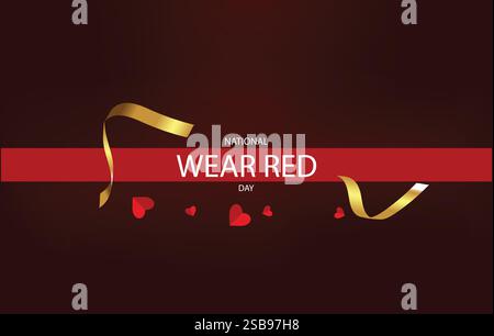 Ein leuchtend roter Hintergrund mit leuchtenden Bokeh-Lichtern zeigt einen auffälligen weißen Text mit der Aufschrift „National Red Wear Day“ Stock Vektor