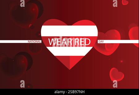 Ein leuchtend roter Hintergrund mit leuchtenden Bokeh-Lichtern zeigt einen auffälligen weißen Text mit der Aufschrift „National Red Wear Day“ Stock Vektor
