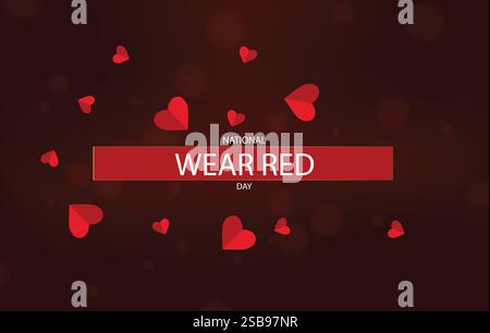 Ein leuchtend roter Hintergrund mit leuchtenden Bokeh-Lichtern zeigt einen auffälligen weißen Text mit der Aufschrift „National Red Wear Day“ Stock Vektor