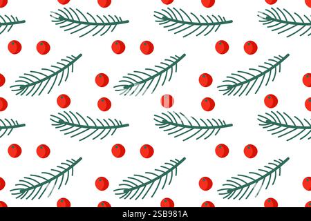 Festliches Muster aus grüner Kiefer und roten Beeren auf weiß für Weihnachtsmotive Stock Vektor