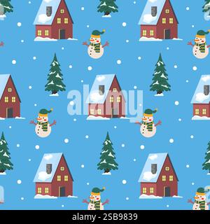 Dekoratives Wintermuster mit Schneemännern und gemütlichen Häusern, umgeben von Kiefern Stock Vektor