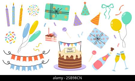 Farbenfrohe Geburtstagsdekoration mit Kuchen, Ballons und Geschenken Stock Vektor