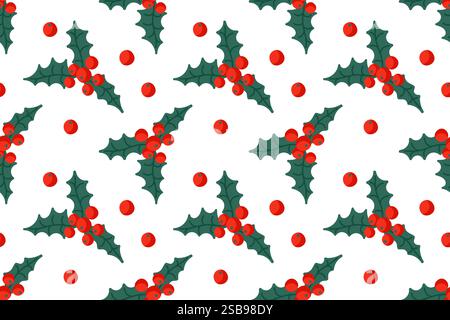 Festliches Muster mit stechpalmenblättern und roten Beeren auf weißem Hintergrund für die Weihnachtsdekoration Stock Vektor