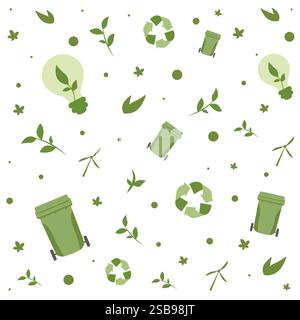Muster mit Recycling-Symbolen, grünen Mülltonnen und Pflanzen auf weißem Hintergrund Stock Vektor