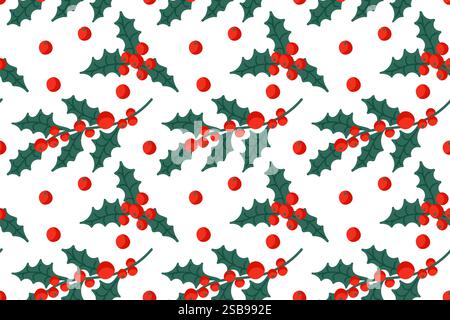 Klassisches Weihnachtsmuster mit stechpalmenblättern und roten Beeren auf weißem Hintergrund Stock Vektor