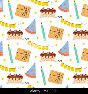 Feierliches Muster mit Kuchen, Geschenken, Partyhüten und Kerzen für Festlichkeiten Stock Vektor