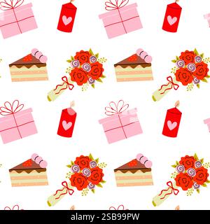 Buntes Muster mit Geschenken, Blumen, Kuchen und Kerzen für Feiern Stock Vektor