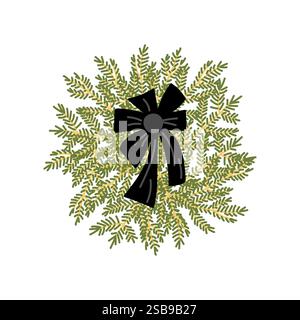 Festlicher Kranz mit schwarzer Schleife aus immergrünen Zweigen und Laub für die Weihnachtsdekoration Stock Vektor