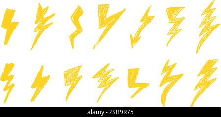 Set von Blitz durch Wachsstift Zeichnung. Sammlung von handgezeichneter Kreide, Lichthupen, Doodle Donner Bolts, goldenen Designelementen Stock Vektor