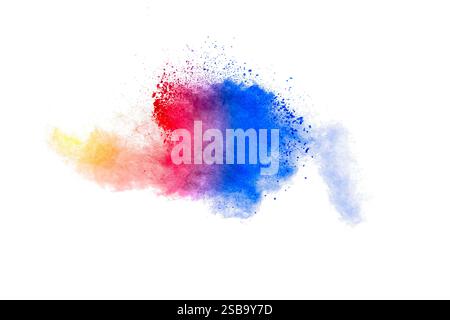 Bunte Explosion von Farbe ist auf einem weißen Hintergrund gespritzt. Die Farben sind hell und lebendig. Stockfoto