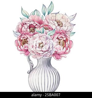 Ein wunderschönes Arrangement aus blühenden Pfingstrosen füllt eine bezaubernde Keramikvase, die weiche Farbtöne und komplizierte Details in einer ruhigen Schablone präsentiert Stock Vektor