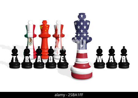 Schach aus US-, Mexiko-, Kanada- und China-Flaggen auf weißem Hintergrund mit WORTHANDEL Stockfoto