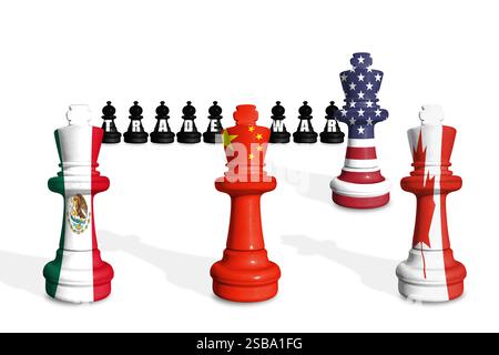 Schach aus US-, Mexiko-, Kanada- und China-Flaggen auf weißem Hintergrund mit WORTHANDEL Stockfoto