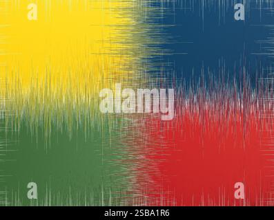 Abstrakter farbenfroher Hintergrund mit lebendigen sich kreuzenden geometrischen Formen in Gelb, Grün, Rot und Blau. Dynamisch gezackte Texturen und auffällige Verläufe cr Stockfoto