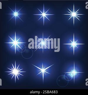 Formen von Funken festlegen. Leuchtender Stern auf blauem Hintergrund Stock Vektor