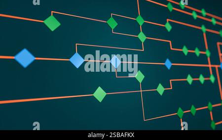 Knotenbaum, Konzept, Dezision, Verbindung. Knotenbaum, Konzept, industrieller Prozess, Dezision, Verbindung. Linienrichtung, verbunden mit grünen und blauen Quadraten, Netzwerk. Img node tree007s08 Concept Stockfoto