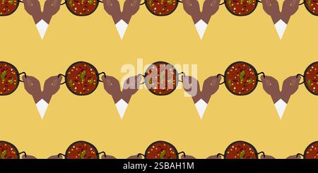 Männliche Hände halten gusseiserne Pfanne gefüllt Chili con Carne nahtlose Muster. Mexikanischer Esshintergrund. Isolierte Vektor-Illustration Cinco de Mayo oder Menükarten, Etikett oder Web Promo Banner, Faltblatt, Tags Stock Vektor