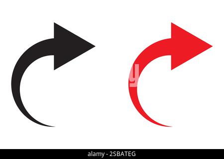 Schwarzer gebogener Pfeil. Roter gekrümmter Zeiger. Zweifarbiges Symbol. Symbol für Vektorrichtung. Stock Vektor