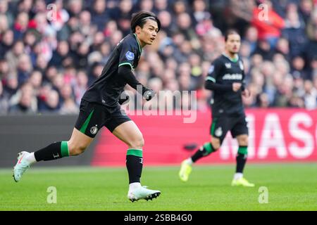 Amsterdam, Niederlande. Februar 2025. AMSTERDAM, NIEDERLANDE - 2. FEBRUAR: Ayase Ueda aus Feyenoord, der während des niederländischen Eredivisie-Spiels zwischen AFC Ajax und Feyenoord in der Johan Cruijff Arena am 2. Februar 2025 in Amsterdam, Niederlande, ausgetragen wurde. (Foto von Rene Nijhuis/Orange Pictures) Credit: Orange Pics BV/Alamy Live News Stockfoto