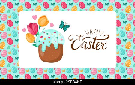 Ein farbenfrohes osterbanner mit einem bunten Osterkuchen, dekoriert mit wunderschönen Blumen und bezaubernden Schmetterlingen. Frohe Ostern. Grußkarte, Banner Stock Vektor