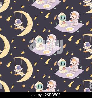 Nahtloses Raummuster, niedliches Raummuster. Astronaut, Alien Stock Vektor