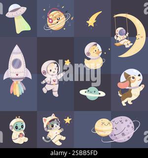 Nahtloses Raummuster, niedliches Raummuster. Astronaut Katze, Hund, Rakete Stock Vektor