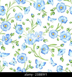 Nahtloses Muster mit blauen Flachsblüten. Handgezeichnete Aquarellillustration isoliert auf weißem Hintergrund Stockfoto