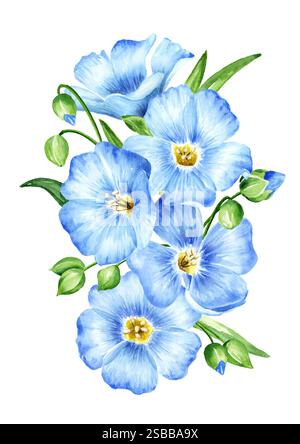 Blaue Flachsblüten. Handgezeichnete Aquarellillustration isoliert auf weißem Hintergrund Stockfoto