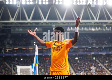 Barcelona, Spanien. Februar 2025. Vinicius Junior (Real Madrid FC) wurde während des Spiels LaLiga EASPORTS zwischen den Teams RCD Espanyol de Barcelona und Real Madrid FC im RCDE Stadion gezeigt. ENDNOTE; RCD Espanyol de Barcelona 1 - 0 Real Madrid C.F. Credit: SOPA Images Limited/Alamy Live News Stockfoto
