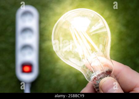 Eine Glühbirne und eine Steckdosenleiste in der Hand vor einem Hintergrund aus grünem Gras. Das Konzept der erneuerbaren grünen Energie. Nahaufnahme Stockfoto