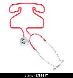 Erste-Hilfe-Servicekonzept. Stethoskop mit Telefonform aus Kabel. 3D-Rendering isoliert auf weißem Hintergrund Stockfoto