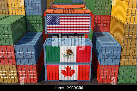 Frachtcontainer mit US-, Kanada- und Mexiko-Flagge. 3D-Rendering Stockfoto