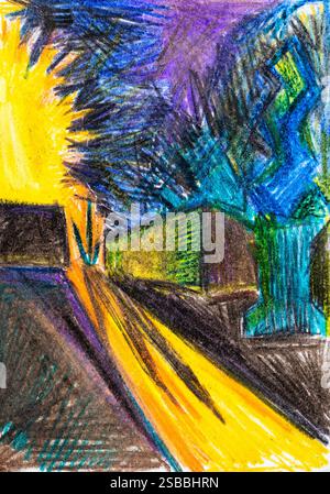 Helle bunte Stadtlandschaft mit Park, beleuchtet von der Sonne des Sonnenuntergangs am Sommerabend, Hand mit Farbstiften auf Papier gezeichnet Stockfoto