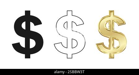 Goldenes US-Dollar-Währungssymbol isoliert auf transparentem Hintergrund. Goldenes Dollarzeichen. 3D unterschreibt Geldwährungszeichen. 3D-Vektordarstellung Stock Vektor