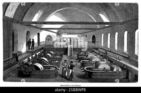 Die Szene zeigt große Bottiche und mechanische Walzen, die zum Waschen und Bleichen von Zellstoff verwendet werden, um es für die Papierproduktion vorzubereiten. Die Arbeiter werden beobachtet, wie sie die Maschinen sorgfältig bedienen, um sicherzustellen, dass der Zellstoff gemäß den gewünschten Standards gereinigt und aufhellt wird. Die Gravur erfasst die Komplexität und den Umfang des industriellen Prozesses und unterstreicht die Mischung aus menschlicher Arbeit und technologischem Fortschritt, die den Ansatz der Ära zur Herstellung von hochwertigem Papier prägte. Stockfoto