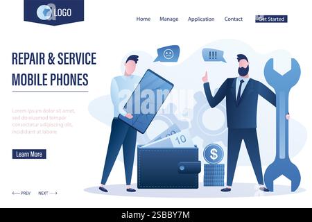 Reparatur und Wartung der Vorlage für die Landing-Page für Mobiltelefone. Benutzer, der das Telefon mit Rissen auf dem Bildschirm hält, Geschäftsmann oder Techniker mit Schraubenschlüssel. Reparatur Breakdo Stock Vektor