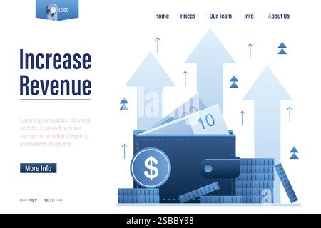 Vorlage für eine Landing-Page für mehr Umsatz. Brieftasche voll mit Geld. Hoher Zinssatz. Steigende Quoten, Kapitalbeschaffung, Investitionsportfolio, Budgetgewinn. fi Stock Vektor