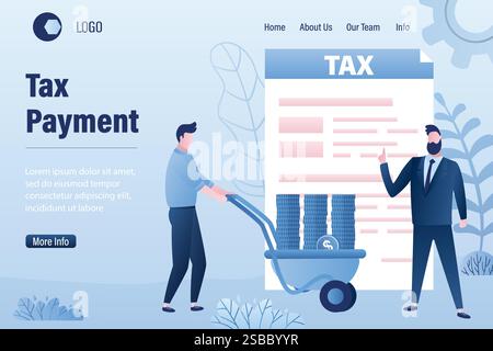 Vorlage für Landing-Page für Steuerzahlungen. Papierdokument, Geschäftsleute zahlen Steuern. Mann-Angestellter rollt den Wagen mit Geld und Unterlagen. Corporate Governance Stock Vektor