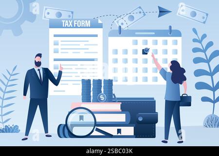 Steuerzeitkonzept. Geschäftsleute mit Steuerformular und Kalender. Kontobücher mit Lupe, Münzhaufen. Corporate Governance und Besteuerung. Fi Stock Vektor