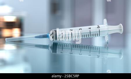 Realistische medizinische Einwegspritze mit Nadel auf dem Glas vor verschwommenem Hintergrund. 3D-Abbildung Stockfoto