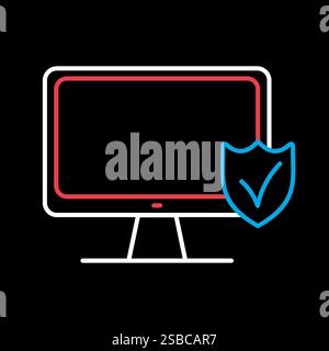 Monitor mit Abschirmung und Häkchen Vektor auf schwarzem Hintergrund Symbol. Sicherheitsschild. Diagrammsymbol für Ihr Website-Design, Logo, App, UI Stock Vektor