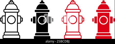 Einfache Symbolvarianten für Hydranten. Liniensymbol und durchgehende Silhouette, schwarz und rot. Notfallschild für den Zugang zu Wasser für die Feuerwehr. Stock Vektor