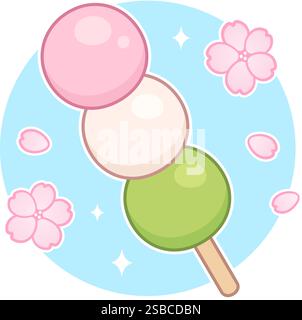 Hanami Danco, traditionelles japanisches Dessert, mit rosa Blütenblättern. Festival der Sakura-Blüte. Einfache Zeichentrickvektor-Illustration. Stock Vektor