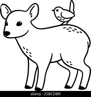 Pudu-Hirsch und Chucao-Vogel, Symbole für die Tierwelt Chiles. Zeichnung von Schwarzweiß-Strichzeichnungen. Niedliche Zeichentrickvektor-Illustration. Stock Vektor